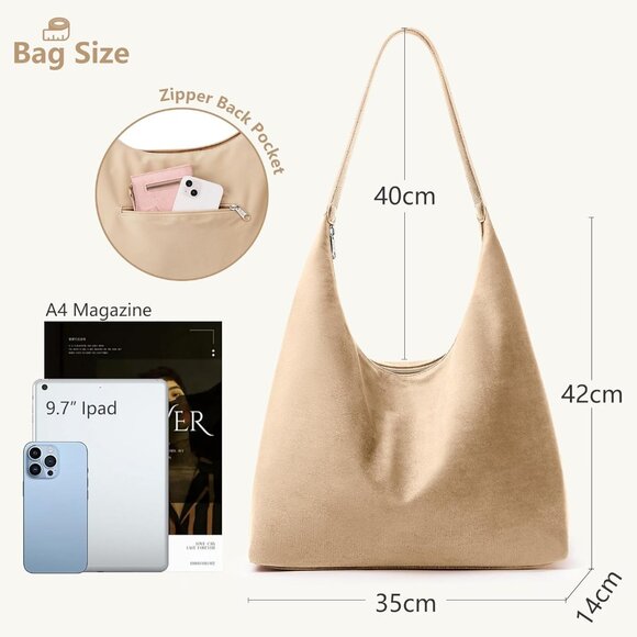 Vintage 15L Hobo Bag Faux Suede Tote Zipper Work Bag Vegan Leather Shoulder Stra - Picture 6 of 7